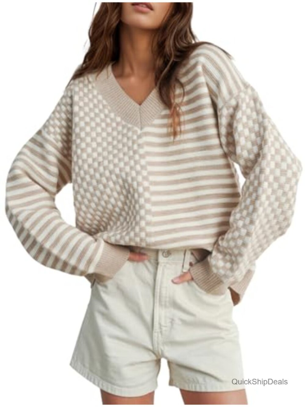 V Neck Striped Checkered Sweater Long Sleeve Pullover Casual Fall Top